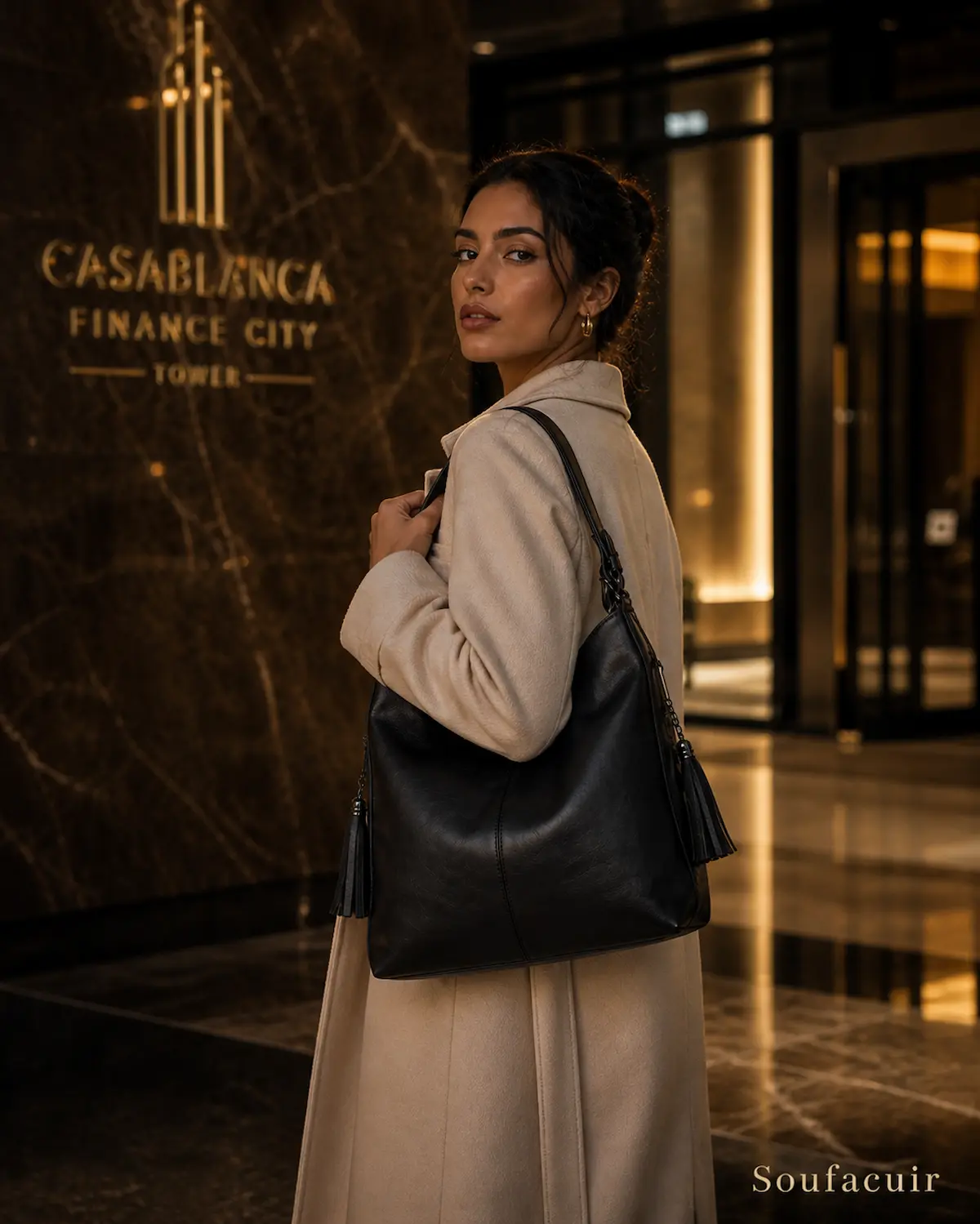 Modèle avec sac noir Soufacuir Casablanca