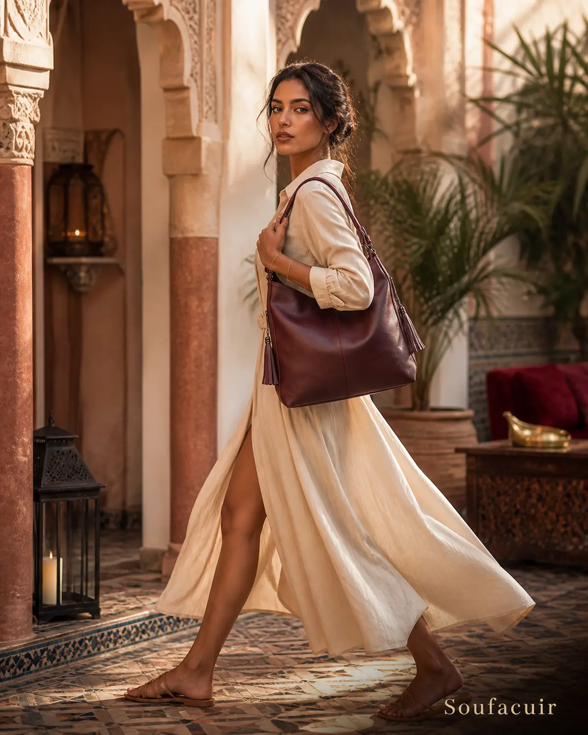Femme marocaine avec sac bordeaux Soufacuir